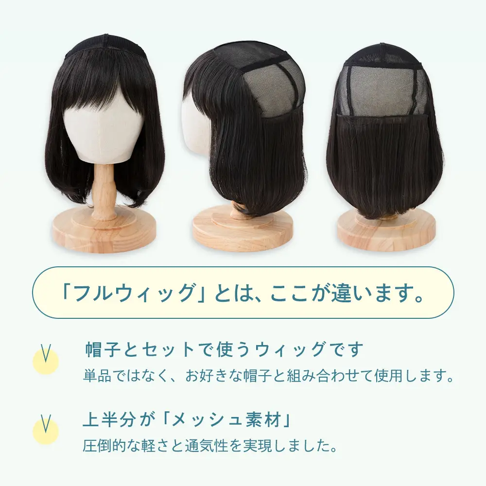 子供用 帽子と合わせるハーフメッシュウィッグ ゆるカールボブ メイン2