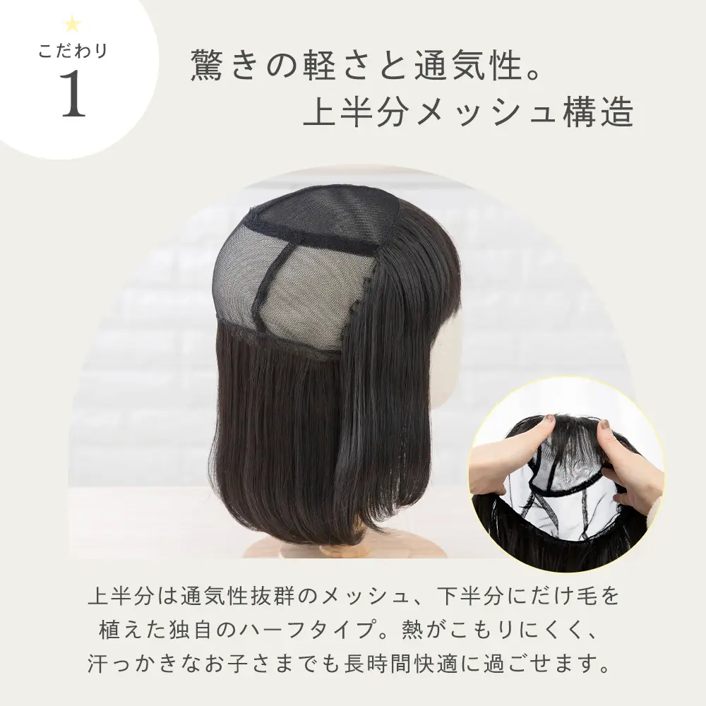 子供用 帽子と合わせるハーフメッシュウィッグ ゆるカールボブ メイン3