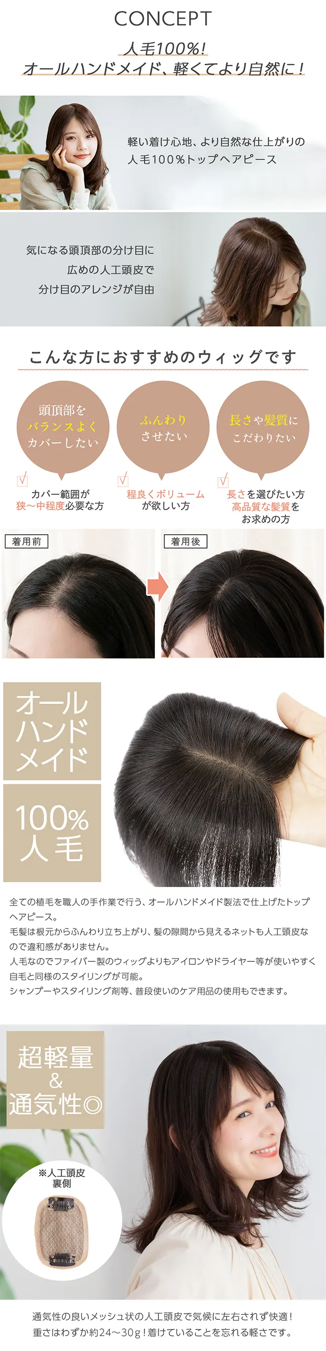 総手植え 最高級人毛(レミー) 100% トップヘアピース 商品詳細1